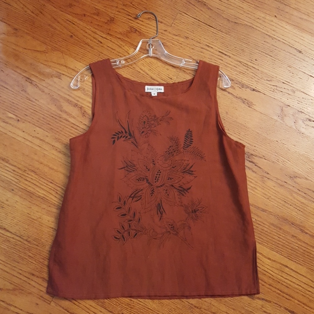 Brown linen tank with flora illustration